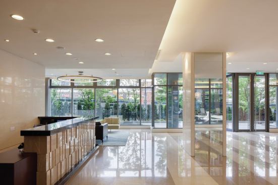 The lobby is open and light-filled.