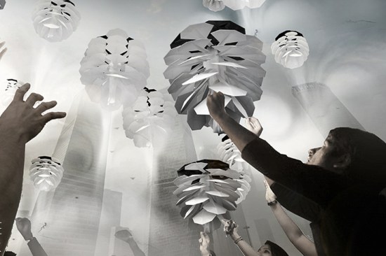 Flying UrbanCONE units would create healthy microclimates by purifying the air around an entire city or just one home. The jellyfish-like devices lift up and fly in the air
thanks to ultra-light construction and photovoltaic solar panel wings. The purification is made by exchangeable filters that
lie underneath the wings of the cones. The radio-controlled smart device could be clustered in population centers with
greater need for filtration.