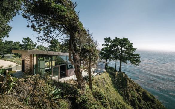 The building’s profile follows the slope of the land.