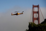 A drone flies in front of the Golden Gate Bridge during a demonstration at the Bloomberg Next Big Thing Summit in Sausalito, California, U.S., on Monday, June 9, 2014. The conference convenes tech's most important entrepreneurs, investors, and innovators for a discussion about what makes great tech leaders, successful companies, and disruptive products. Photographer: David Paul Morris/Bloomberg ** Usable by CT and LA Only **