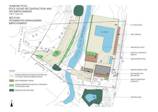 The pool house was a renovation of an existing building. The site plan shows an environmentally sensitive site that today would have posed too many restrictions to build on.  