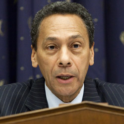 Representative Melvin Watt, a Democrat from North Carolina, questions Donald Kohn, vice chairman of the U.S. Federal Reserve, at a House Financial Services subcommittee hearing in Washington, D.C., U.S., on Thursday, July 9, 2009. Kohn said any "substantial erosion" of the central bank's independence in setting interest rates may fuel investor fears of inflation and provoke higher long-term borrowing costs. Photographer: Brendan Hoffman/Bloomberg News