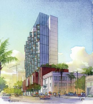 The tower of the sustainably-designed building is scaled to
match surrounding historic buildings.