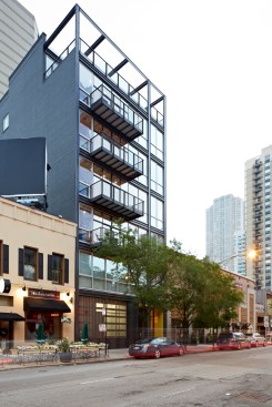 Near the corner of Hubbard and Clark, the building is in Chicago's River North.