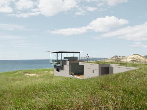 A cast concrete base nestled into the dune holds a pair of bedroom suites flanking an entry courtyard; kitchen, dining, and living room functions occupy a glass-walled pavilion above.