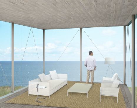 The living room’s floor-to-ceiling windows evoke the sensation of being at sea.