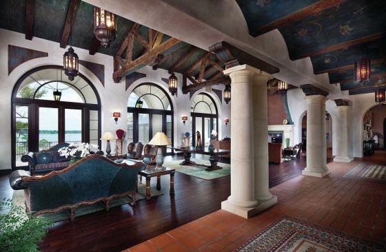 Grand, Custom Home 12,000 square feet and over. Builder: Sterling Bay Homes. Architect: Dahlin Group Architecture Planning.

Overlooking Lake Thonotosassa east of Tampa, Fla., the hacienda-style Misiõn Lago has hand-scrapped trusses made from Ponderosa pine timbers, a hand-painted rolling vault ceiling and hand-crafted tile mimicking the appearance of rugs.