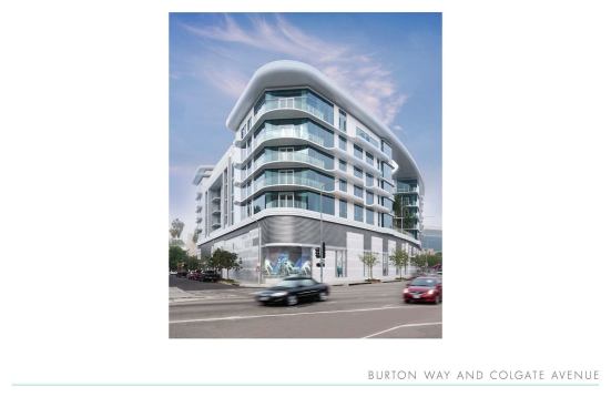 Grand, Multi-Family Housing Project - Over 60 du/acre (For Sale or Rent). Builder: Bernards. Architect: McLarand Vasquez Emsiek & Partners.

The luxury building sits between West Hollywood and Beverly Hills, with a modified flatiron shape that fits snugly on the lot.