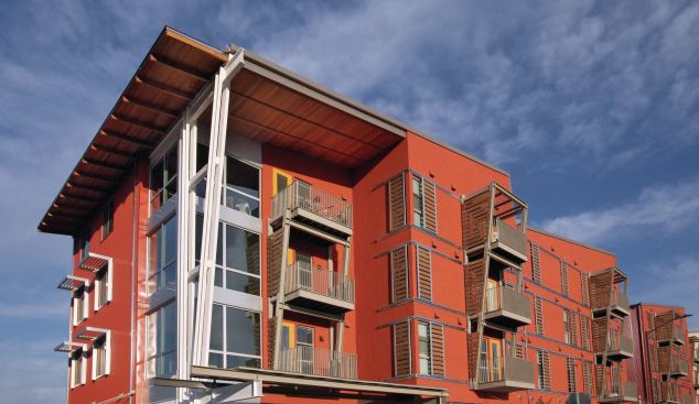 Judges Special, Zero Net Energy Home Design Committee. Builder: CP Construction West. Architects: Studio E Architects, MVE Institutional, Lim Chang Rohling Associates, Solarc.

Designed to harness the power of the sun and wind and with water management in mind, the buildings at the UC Davis West Village incorporate oversized windows for natural cooling and extensive shades to block intense sunlight.