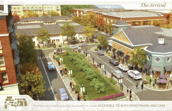 The main entry recalls grand city boulevards on a scale accessible to both pedestrians and cars.