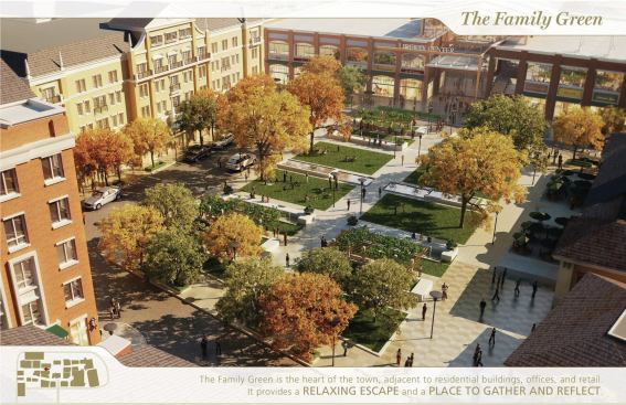 The family green is the heart of the new town and sits adjacent to the residences, offices, and retail. It has water features and unique seating.