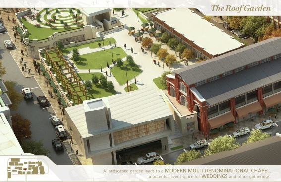 On the rooftop, a non-denominational chapel (lower left) sits next to a restaurant with retail below. The larger building’s brickwork and monitor evokes a large-format warehouse.