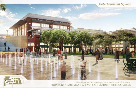 The entertainment square includes fountains, bandstand areas, café seating, and trellis shading. The grand staircase leads to the rooftop acropolis.