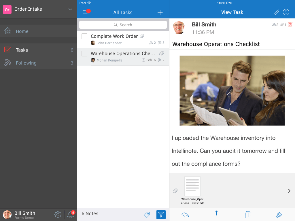 An iPad view of the task management screen, with embedded images and forms integrated.