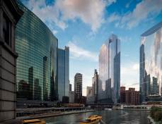 The 54-story tower sits prominently at the confluence of the three branches of the Chicago River, with a core-supported structure that "threads the needle" between active train tracks and the river.