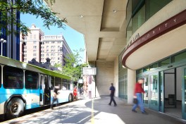 A designated indoor waiting area with seating was added in the southwest corner so riders can see their bus arrive.