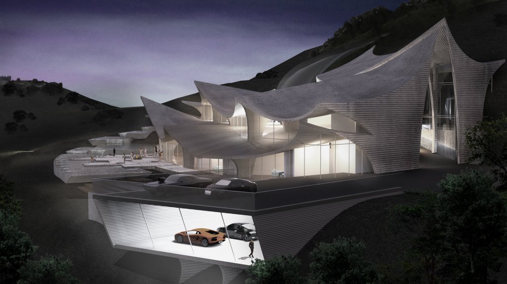 The Print House design has roof peaks mirroring the rolling hills of Malibu and to benefit from sun paths and methods of water collection.