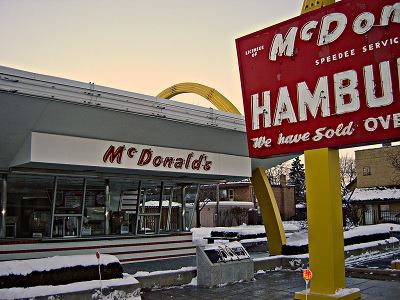 The first McDonald's Corporation store, in Des Plaines, Ill., after Stanley Meston's Golden Arches style.
