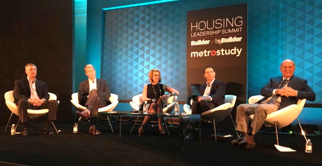 HLS CEO power panel: (from left) AV Homes president and CEO Roger Cregg, CalAtlantic executive chairman Scott Stowell, Taylor Morrison president, CEO, and Chairman of the Board Sheryl Palmer, TRI Pointe Group CEO Doug Bauer, and Hanley Wood vice chair-emeritus Frank Anton.