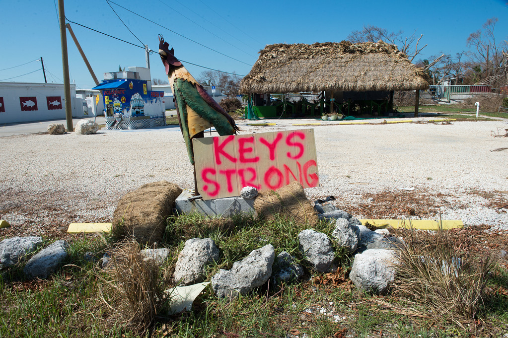A handwritten sign of encouragement to the Florida Keys community sits on the side of Overseas Highway in Marathon, Florida after Hurricane Irma. Sunday, September 17, 2017. PHOTO BY J.T. BLATTY / FEMA