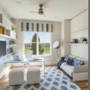 In this flexible space, the desk can swing in or out as needed.