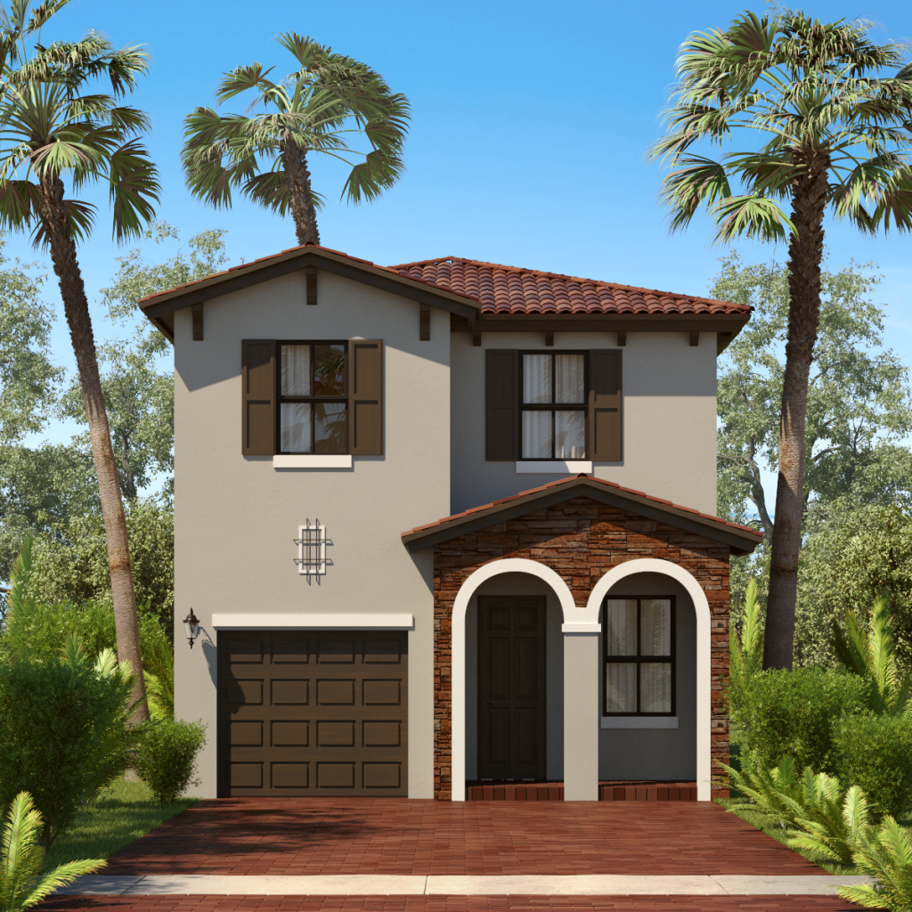 A rendering of the Hampton B model and floor plan, available at Arbor Parc by 13th Floor Homes.