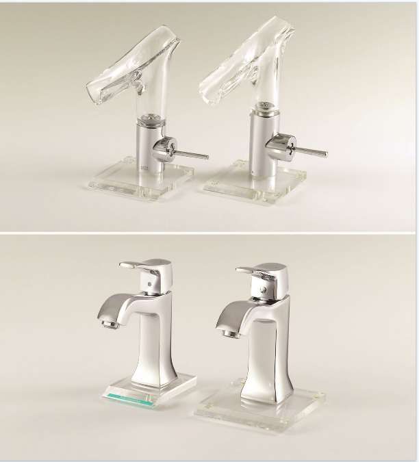 Top: The Axor Starck V on the left, counterfeit on the right Bottom: Hansgrohe's Metris Classic Faucet on the left, counterfeit on the right