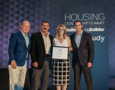 BUILDER Hearthstone Humanitarian Award honorees (center) Dave and Lori Sanson, with Hanley Wood vice chair emeritus Frank Anton (left) and Hearthstone CEO Mark Porath.
