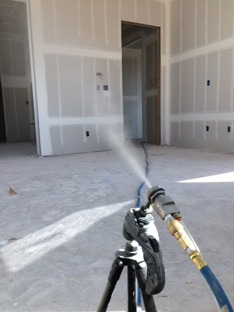 The Aerobarrier system uses an aerosol-applied sealant that creates an air barrier around ceilings, walls, floors, doors, windows, and electrical and plumbing fixtures.