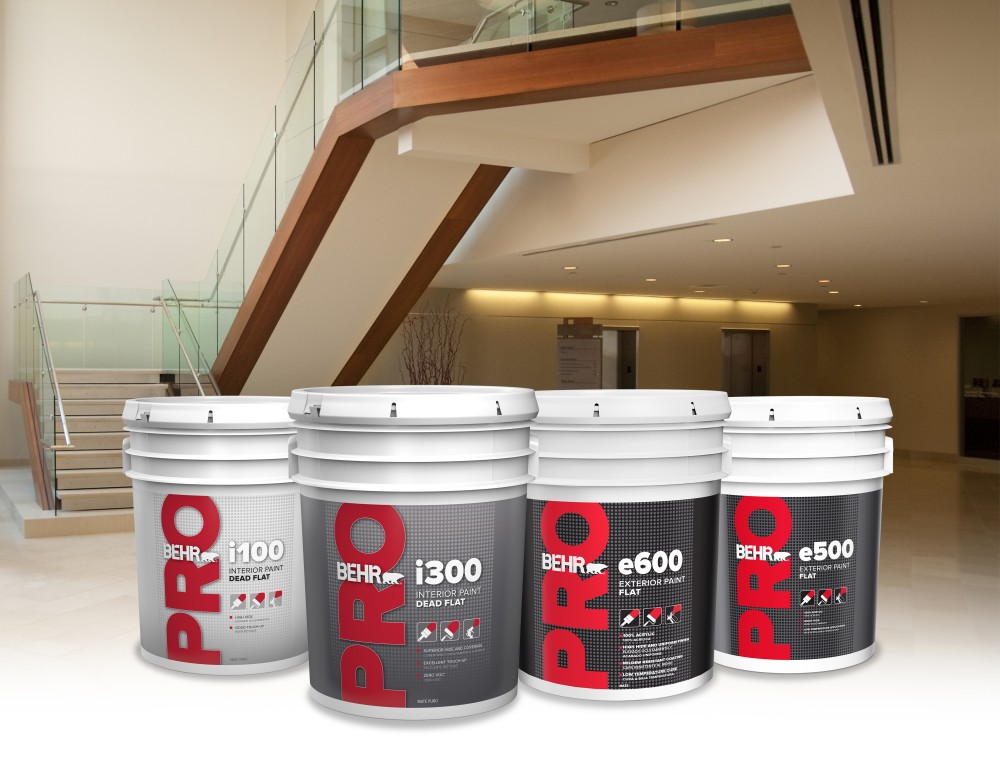 The BEHR PRO Professional Grade Paint Line, with e500 Exterior Paint pictured on the far right.