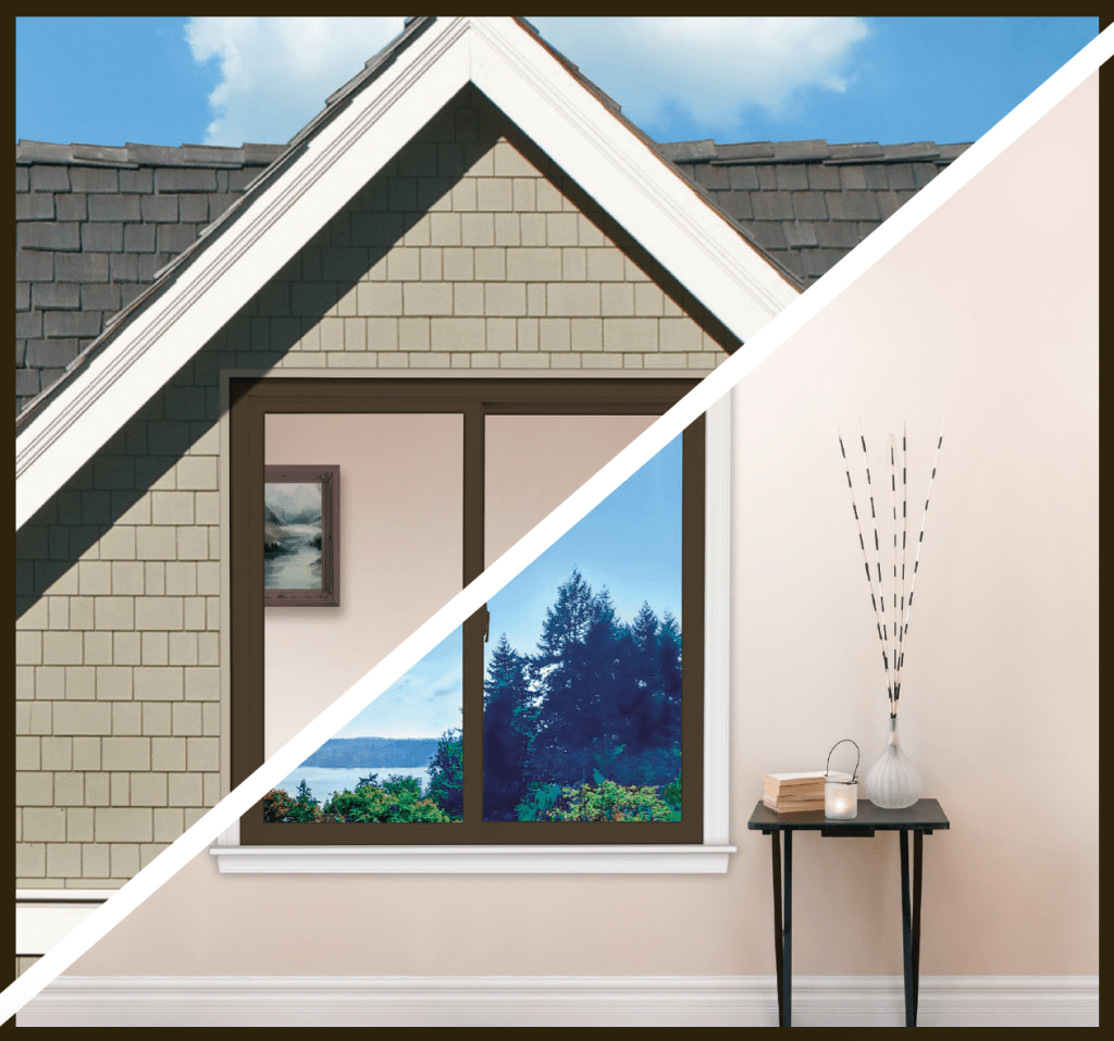 An exterior/interior view of Renewal by Andersen’s Dark Bronze window frames.
