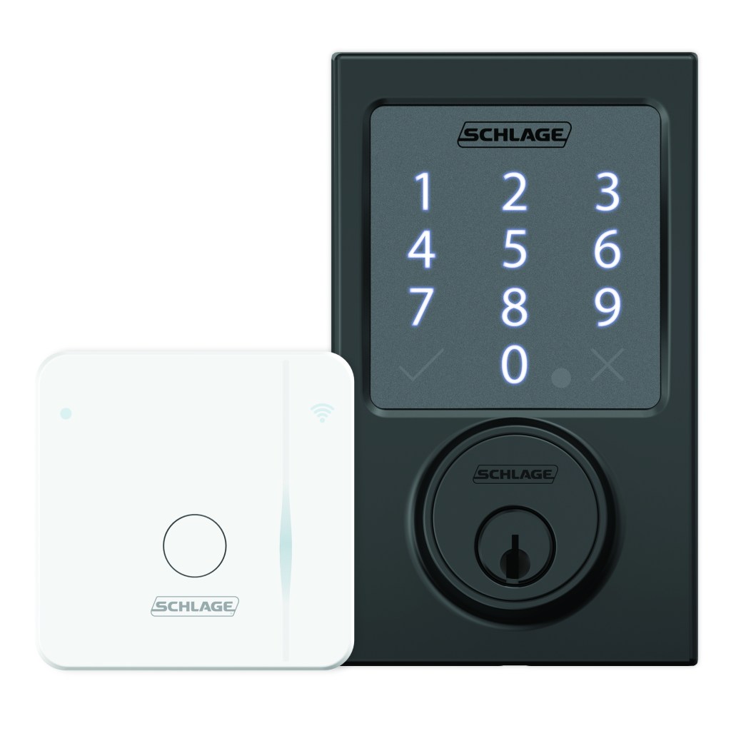 The Schlage Sense Smart Deadbolt in Matte Black, with Wi-Fi Adapter.