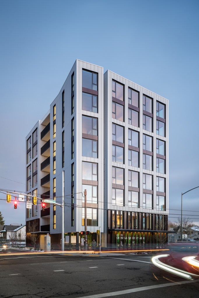 Carbon12, an eight-story condominium tower in Portland, Ore., features retail space, underground parking, and 14 residential units.