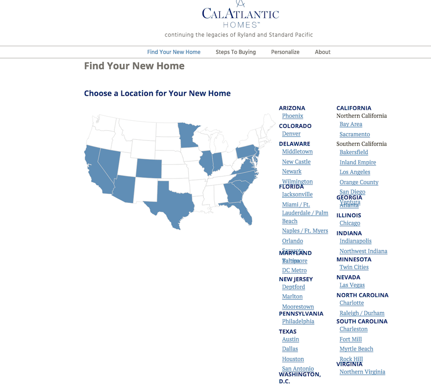 CalAtlantic, the new name of the merged Standard Pacific and Ryland Homes organizations.