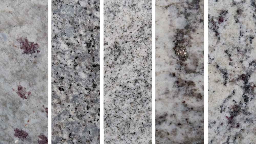 Sensa by Cosentino in white Napoli, silver blue, luna blanca, smoky white, and white Alamo.