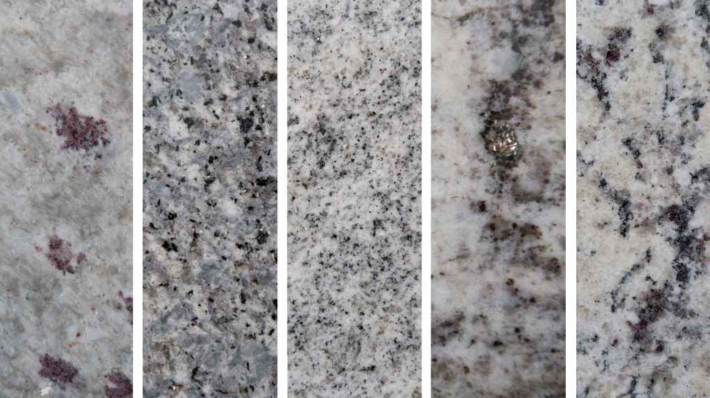 Sensa by Cosentino in white Napoli, silver blue, luna blanca, smoky white, and white Alamo.