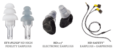 The HD•Safety earplugs, HD•Safety™ Earplugs + Earphones, and HD•15 electronic earplugs.