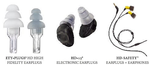 The HD•Safety earplugs, HD•Safety™ Earplugs + Earphones, and HD•15 electronic earplugs.