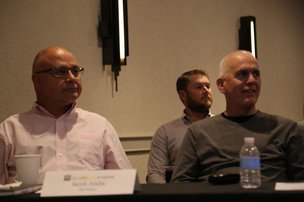 Jacob Atalla, vice president, sustainability at KB Home, and John McManus of BUILDER, are two of more than 30 listening to Lawrence's healthy design presentation during a KB Home ProjeKt Collaboratory meeting.