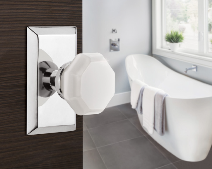 The Waldorf White Milk Glass Knob with Bright Chrome Studio Short Plate by Nostalgic Warehouse.