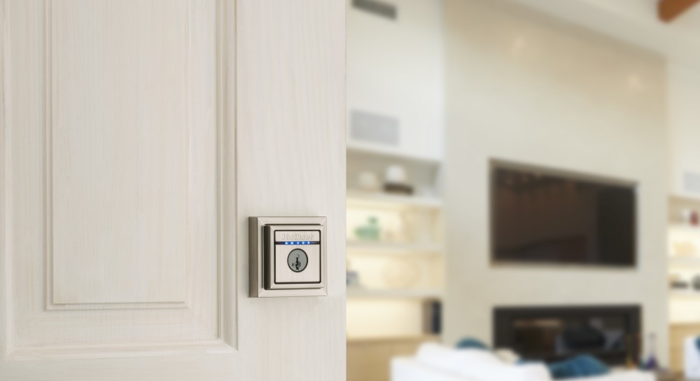 The Kevo Contemporary lock in Satin Nickel.