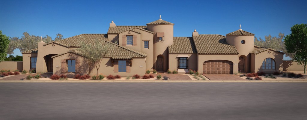 Golf Villas will offer home buyers their choice of four floor plans. Above is a rendering of a Triplex showing the Residences Two, Four and One in the Spanish Colonial architectural style.