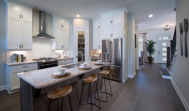 The Seymour model at the The Townes at Chastain in Sandy Springs, Georgia. The Providence Group's new E2 Crafted home building program requires 100% LED lighting, electric hot water heaters, and ENERGY STAR-rated appliances in all new homes.