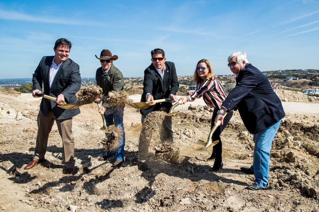 Legacy Communities broke ground at Westside Landing last month led by, from left, Cass Brewer, Legacy principal, Haythem Dawlett, Legend Communities president and CEO, Philip Jalufka, Legacy principal, Mandy Myers, Myers Financial Corp, and Joe Bain, City of Lakeway mayor.