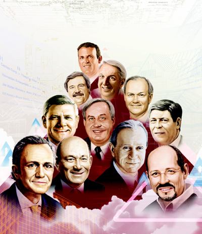 From top to bottom, left to right: top row: Stuart Miller, Lennar Corp.; second row: Timothy Eller, Centex Corp.; William Pulte, Pulte Homes; and Stephen Scarborough, Standard Pacific Corp.; third row: Mark O'Brien, Jim Walter Homes; R. Chad Dreier, The Ryland Group; and Dwight Schar, NVR; bottom row: Ara Hovnanian, Hovnanian Enterprises; Bruce Karatz, KB Home; Larry Mizel, M.D.C. Holdings; and Dan Fulton, Weyerhaeuser Real Estate Co.
