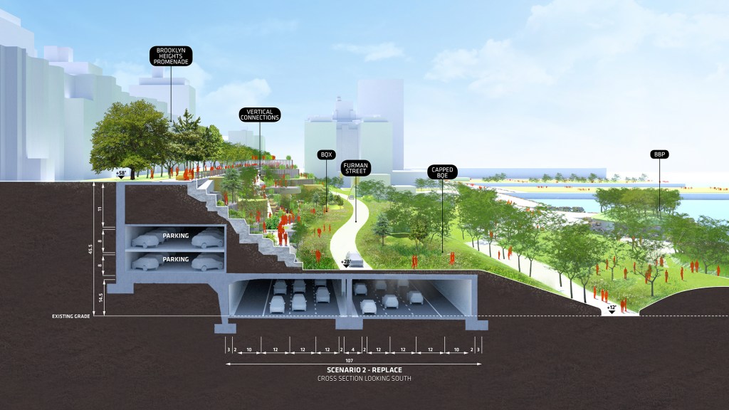 Option to top the new and relocated BQE with park amenities and parking