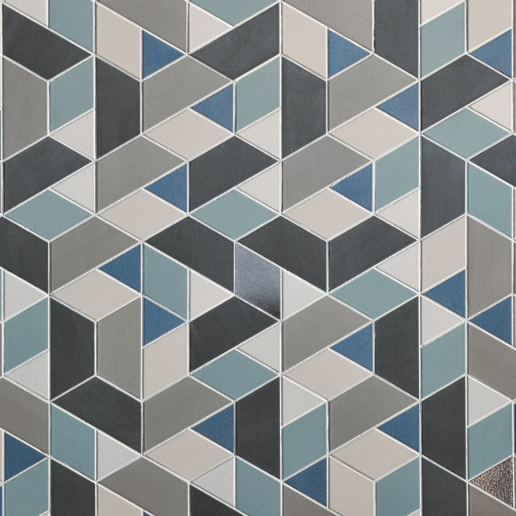 Figurati tile in blue, burnished bronze and denim
