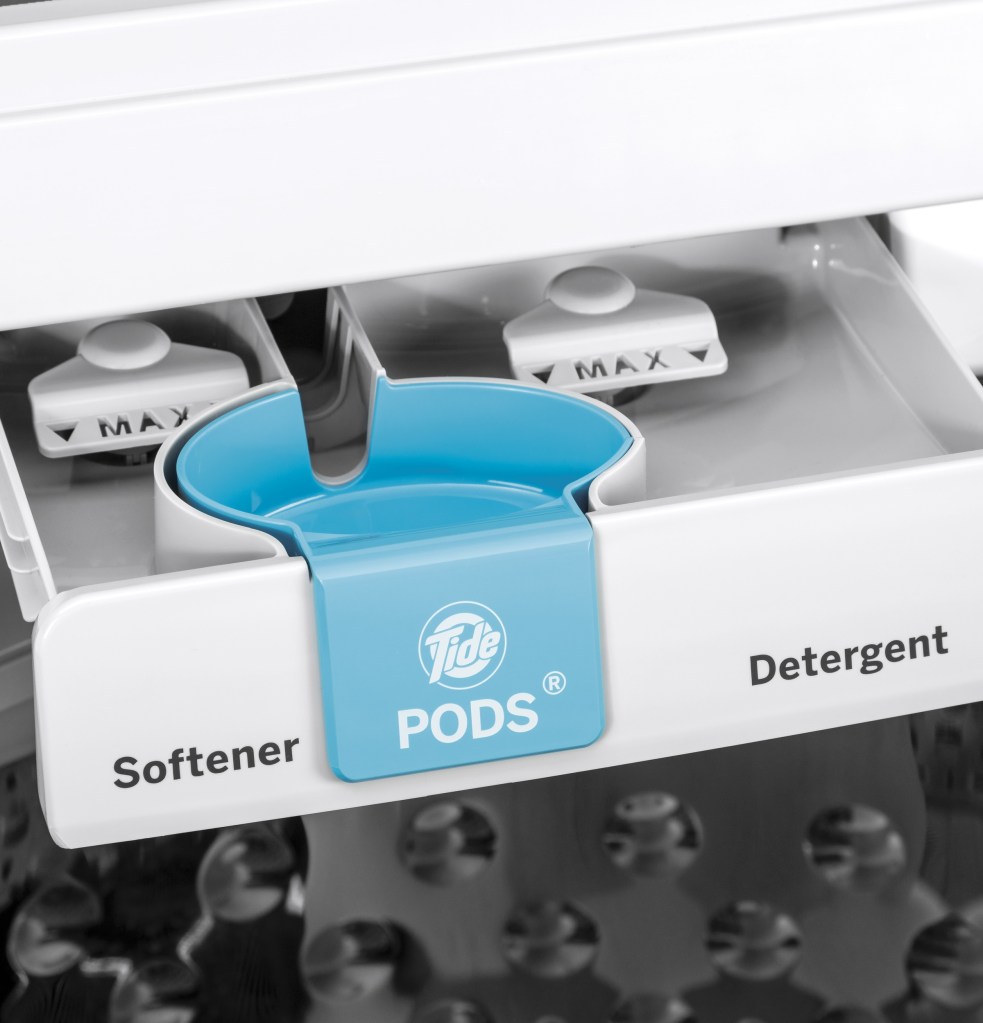 The Tide PODS Dispense compartment on a GE 4.8 cu. ft. Capacity Washer with Tide PODS Dispense.
