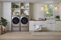 The Samsung WF6300 front-load washer and matching DV6300 dryer, shown here in Champagne Stainless Steel.