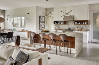 Millennials prefer open, flexible space in their kitchens and technology in their bathrooms, as reflected in these photos from the Serena at Gale Ranch model homes designed by Mary Cook Associates for Toll Brothers in San Ramon, CA.